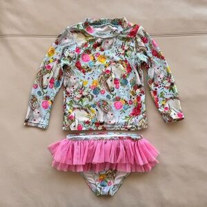 Rock Your Baby Kids Horses & Roses Rashguard Ruffled Bikini Size 3-5